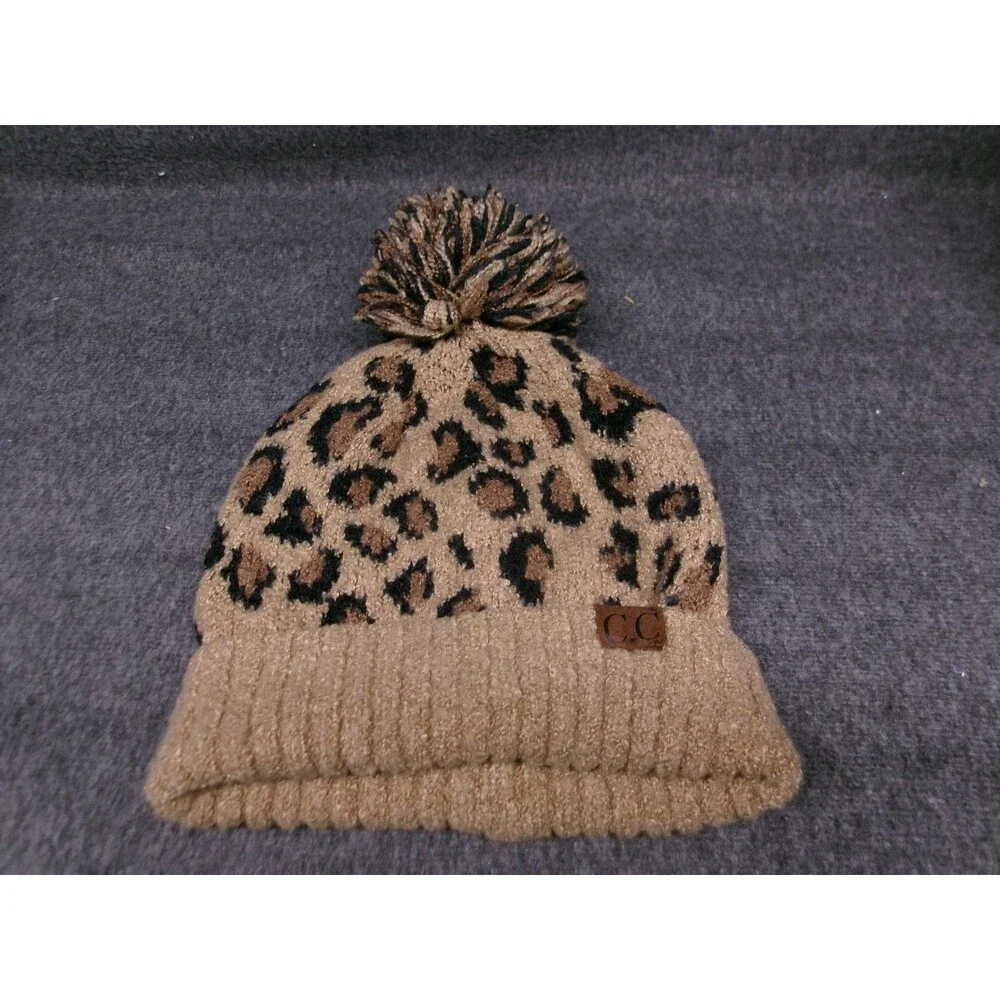 CC Beanie Womens Leopard Print Pom Pom Knit Hat Tan Brown Polyester Cozy Winter